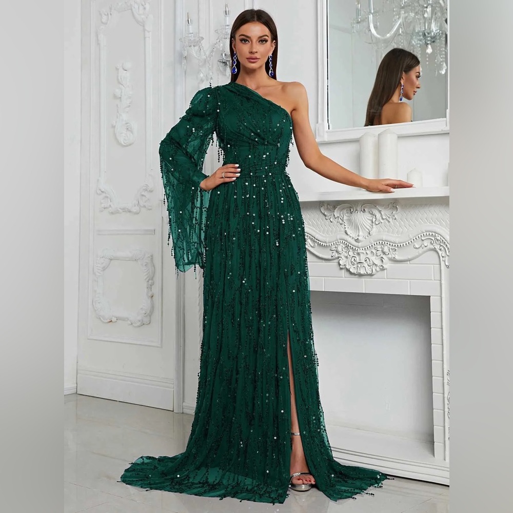 NWT Emerald Green Sequin One Shoulder Mermaid Prom Dress Gown Large Glam